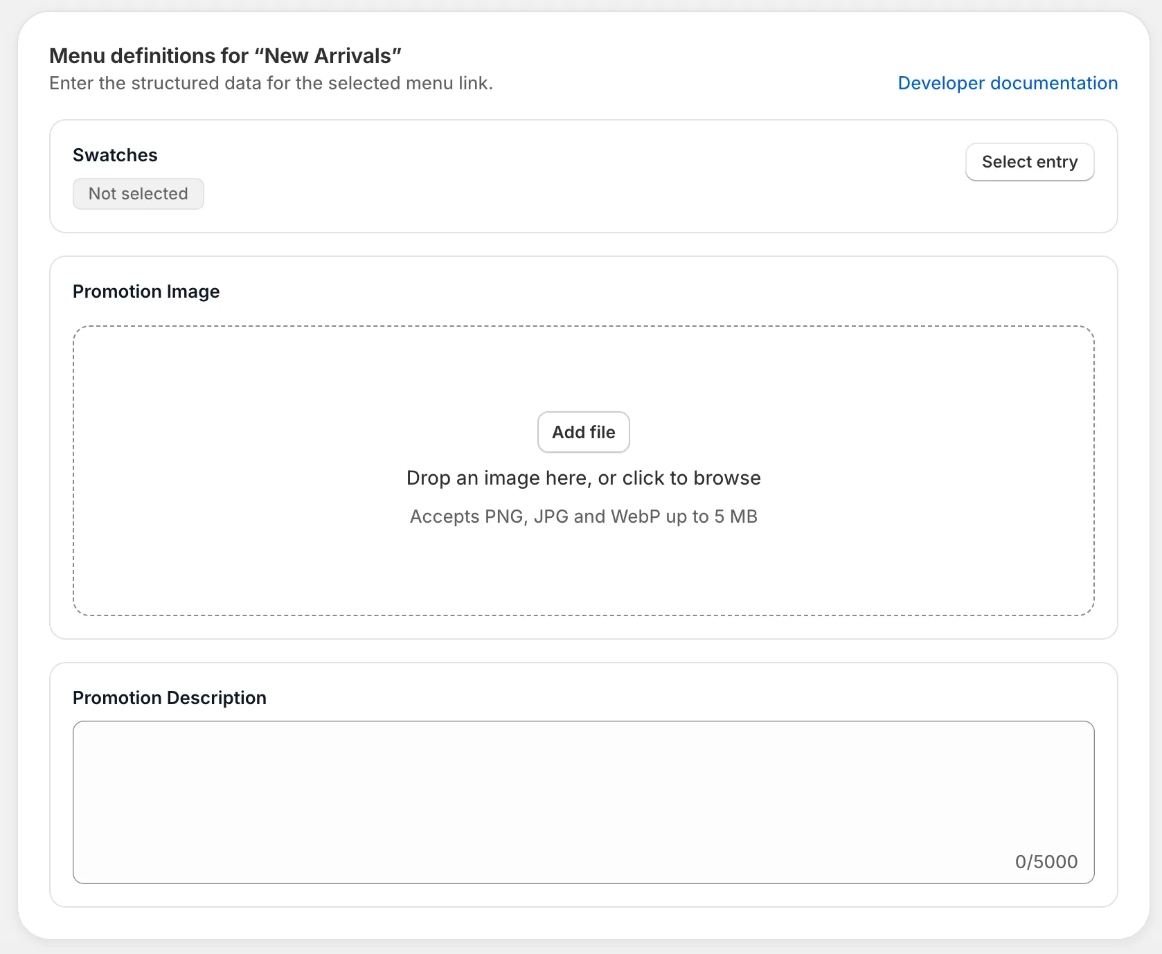 MenuFields custom field definition editor showing structured field types